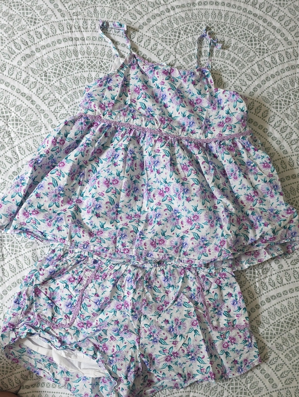Janie and Jack White Floral Tank Top & Shorts Set with Lavender and Teal Accents